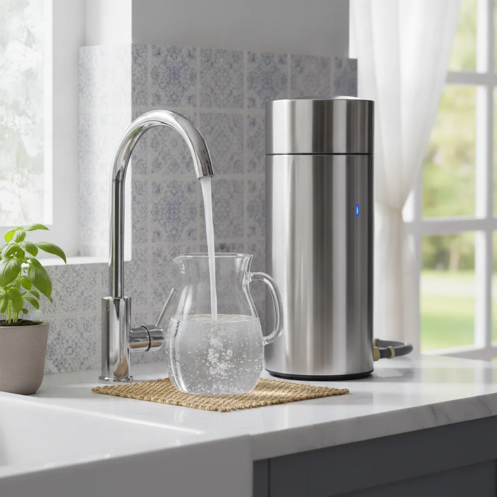 Close-up of a domestic water filtration setup with